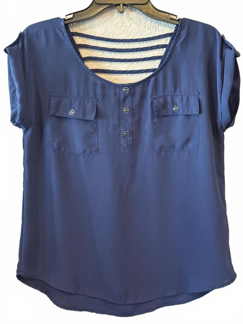 Mine Navy Blue Short Sleeve Button-Up Blouse with Back Strap Detail